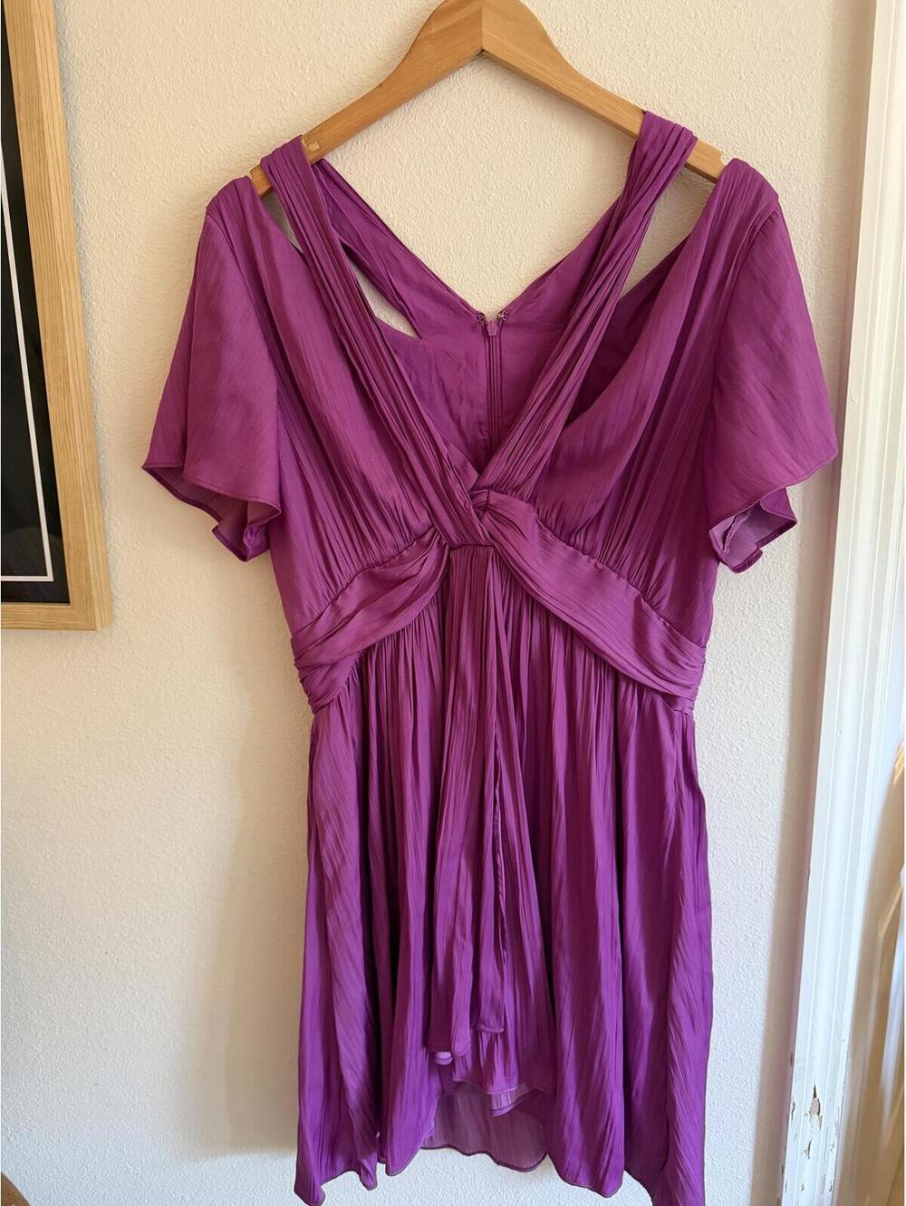 Anthropologie Magenta Pleated Twist Front Cocktail Dress | Flutter Sleeve Dress